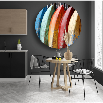 Kleurrijke surfboards tegen muur aluminium muurcirkel