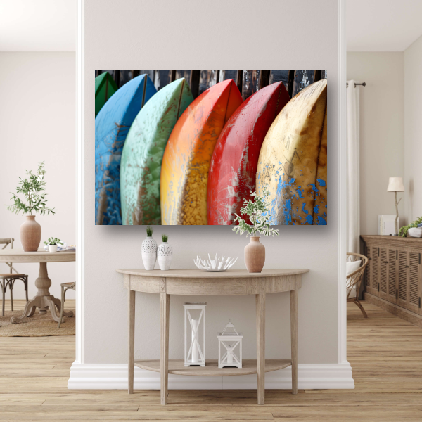 Kleurrijke surfboards tegen muur canvas