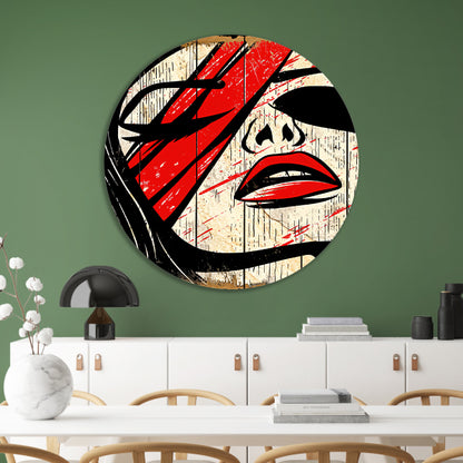 Abstract portret van vrouw met rode verf aluminium muurcirkel