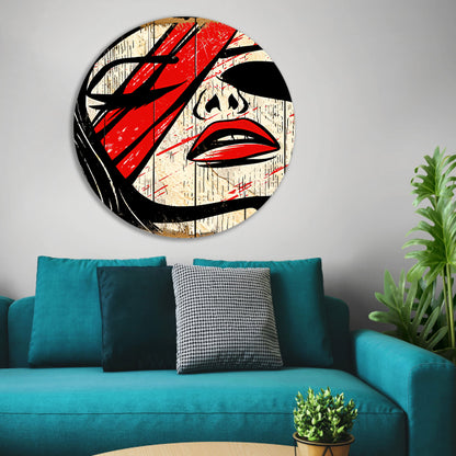 Abstract portret van vrouw met rode verf aluminium muurcirkel