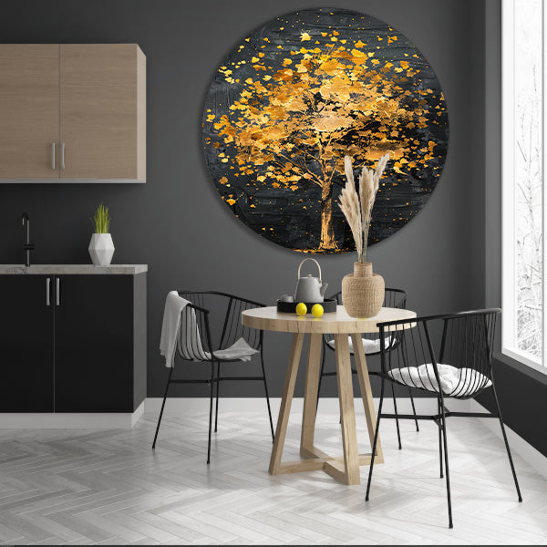 Gouden boom met glinsterende bladeren aluminium muurcirkel