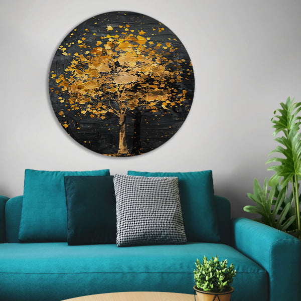 Gouden boom met glinsterende bladeren aluminium muurcirkel