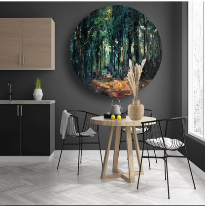 Kleurrijk impressionistisch bos met zonlicht aluminium muurcirkel