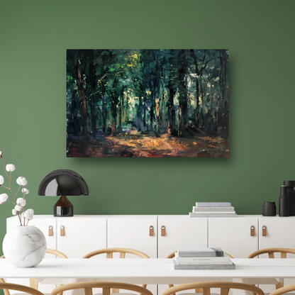 Kleurrijk impressionistisch bos met zonlicht canvas met baklijst