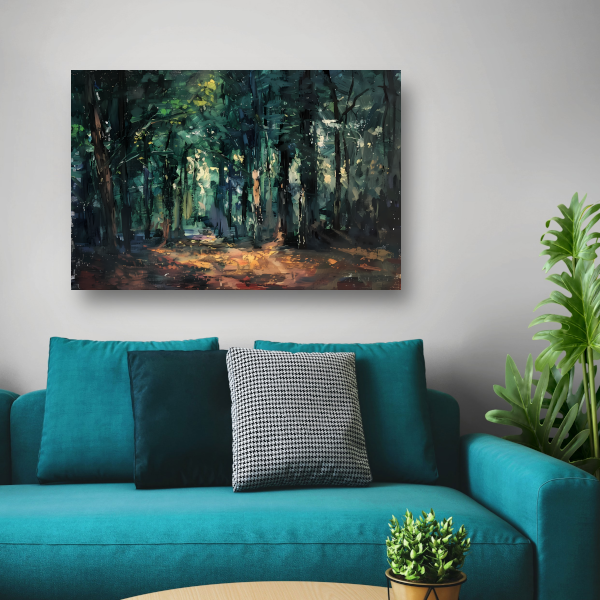 Kleurrijk impressionistisch bos met zonlicht canvas met baklijst