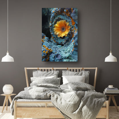 Gele bloem bloeit in buitenaardse rotsformatie poster
