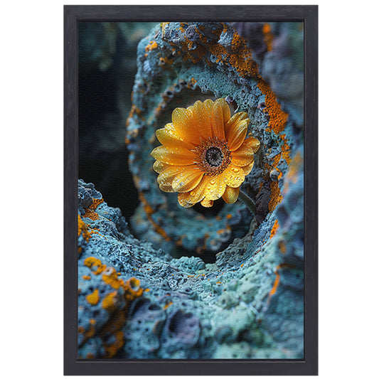 Gele bloem bloeit in buitenaardse rotsformatie canvas met baklijst