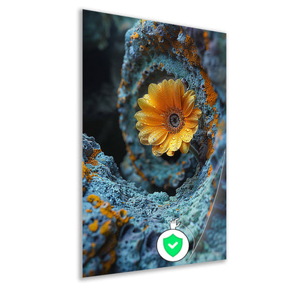 Gele bloem bloeit in buitenaardse rotsformatie poster