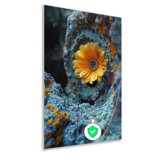 Gele bloem bloeit in buitenaardse rotsformatie poster