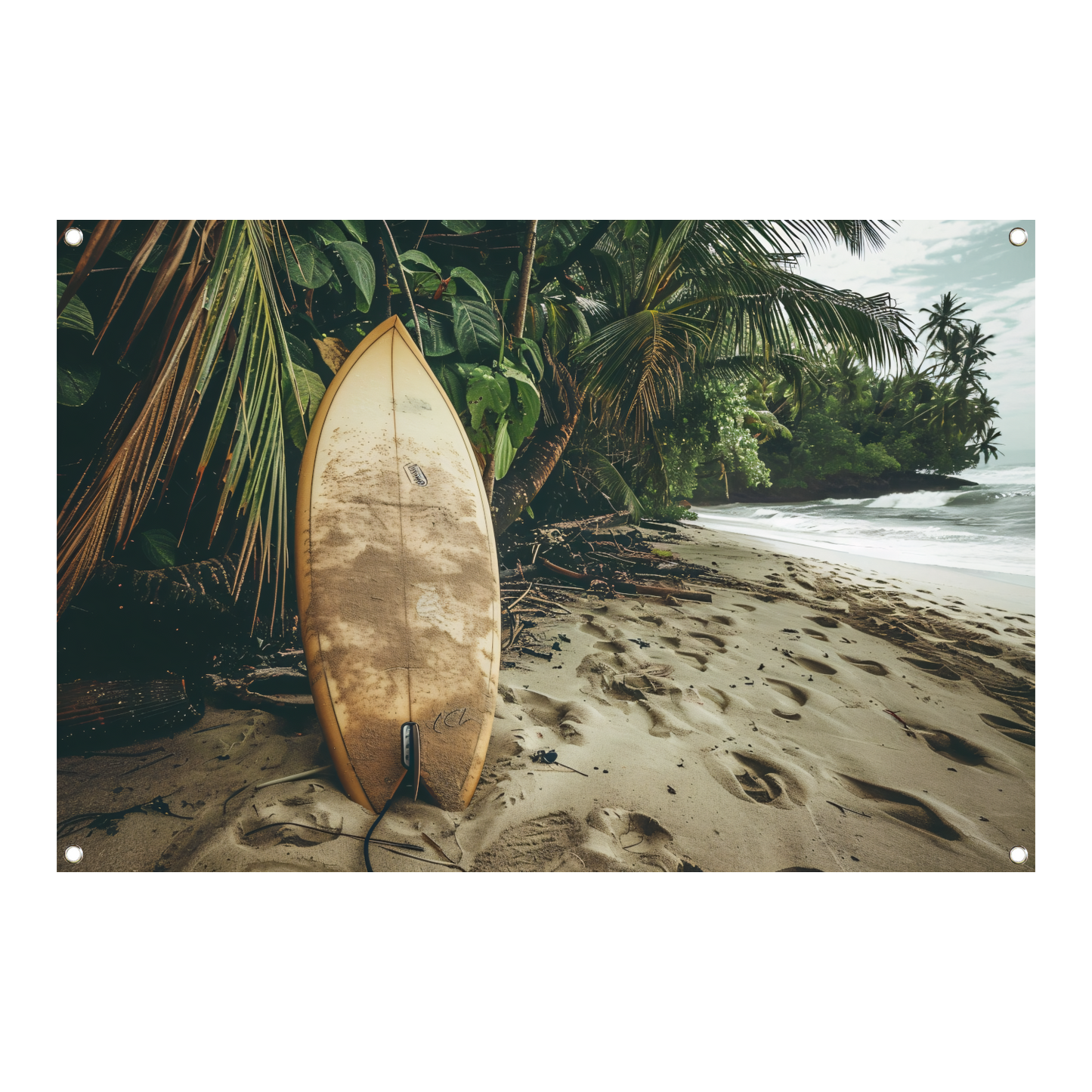 Abstracte surfplank op het strand tuinposter