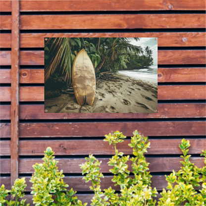 Abstracte surfplank op het strand tuinposter