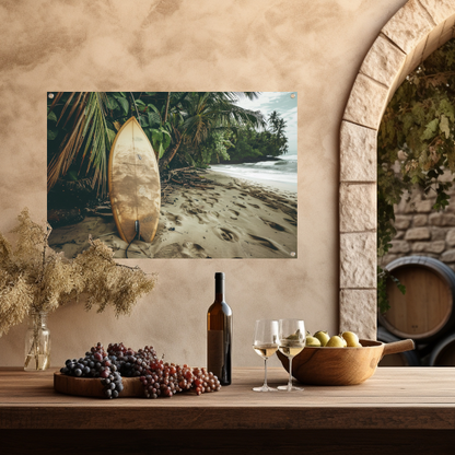 Abstracte surfplank op het strand tuinposter