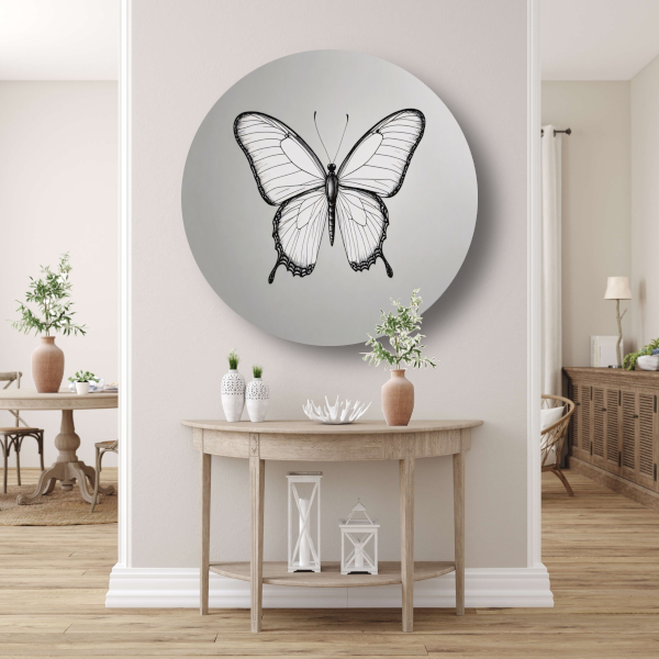 Minimalistische zwart-wit vlinder lijnkunst forex muurcirkel
