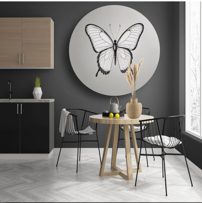 Minimalistische zwart-wit vlinder lijnkunst forex muurcirkel