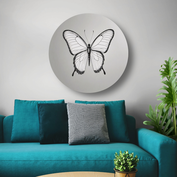 Minimalistische zwart-wit vlinder lijnkunst forex muurcirkel