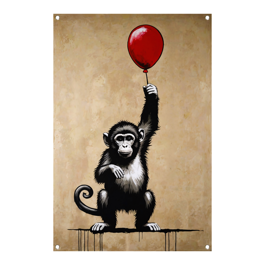 Chimpansee met rode ballon op beige achtergrond tuinposter