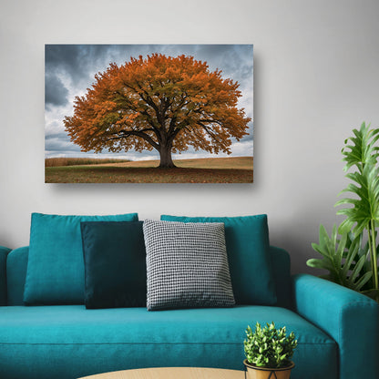 Majestueuze herfstboom in open veld canvas met baklijst