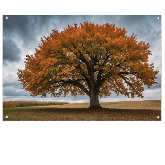 Majestueuze herfstboom in open veld tuinposter