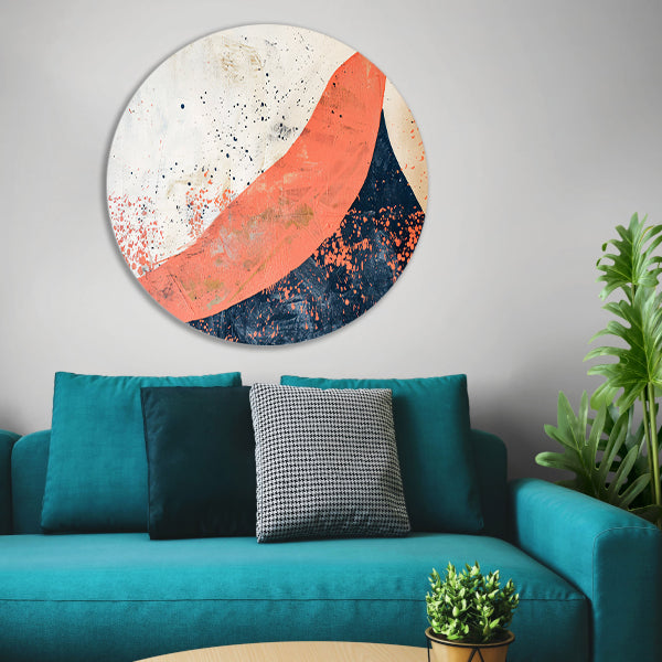 Moderne abstracte schilderij van vulkaanuitbarsting aluminium muurcirkel
