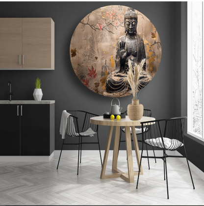 Boeddha in Herfstsereniteit: Sepia en Goud aluminium muurcirkel
