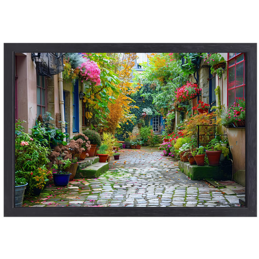 Impressionistische Straat met Bloeiende Planten canvas met baklijst