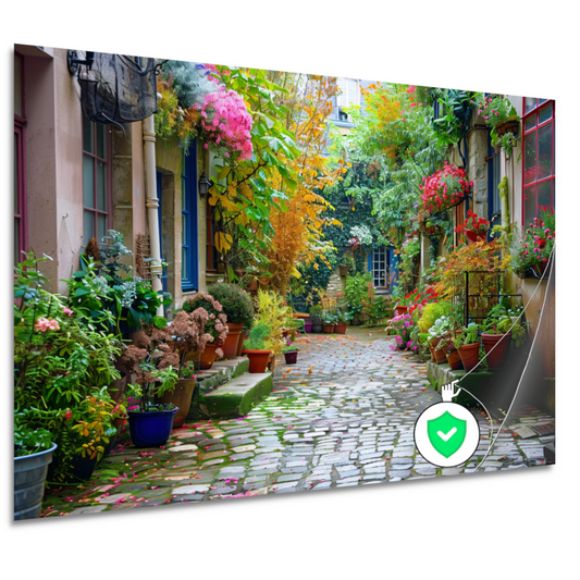 Impressionistische Straat met Bloeiende Planten poster