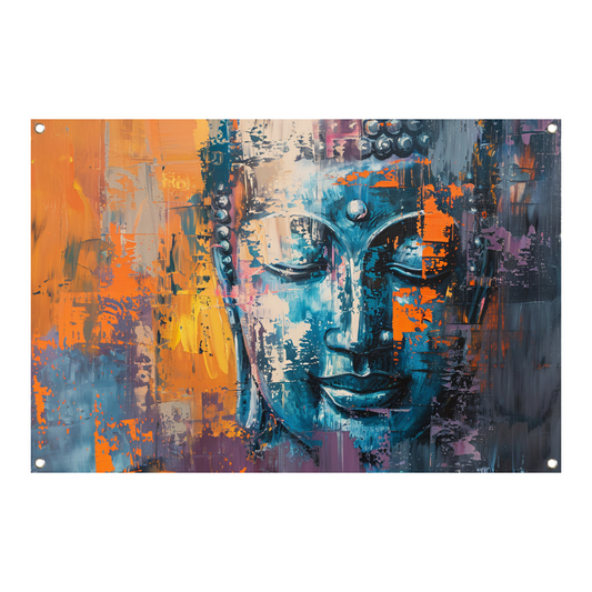 Moderne abstracte interpretatie van Boeddha in kleur tuinposter