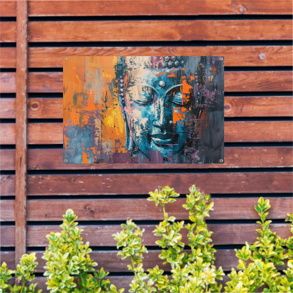 Moderne abstracte interpretatie van Boeddha in kleur tuinposter