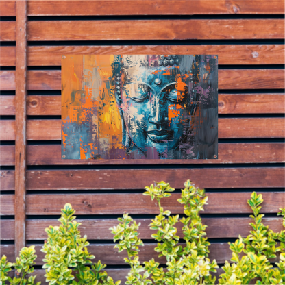Moderne abstracte interpretatie van Boeddha in kleur tuinposter