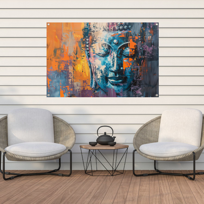 Moderne abstracte interpretatie van Boeddha in kleur tuinposter