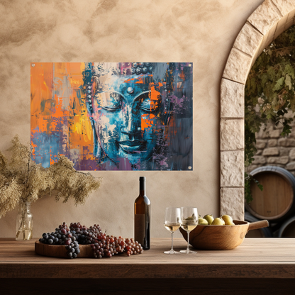 Moderne abstracte interpretatie van Boeddha in kleur tuinposter