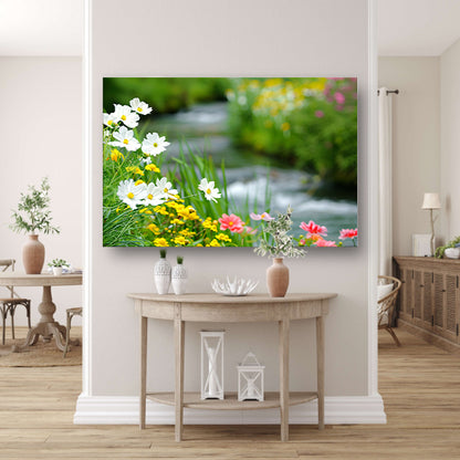 Bloemen langs een rustig beekje poster