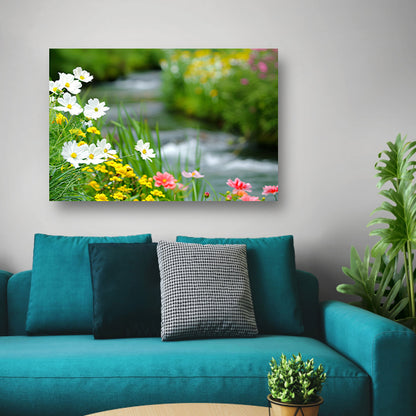 Bloemen langs een rustig beekje poster