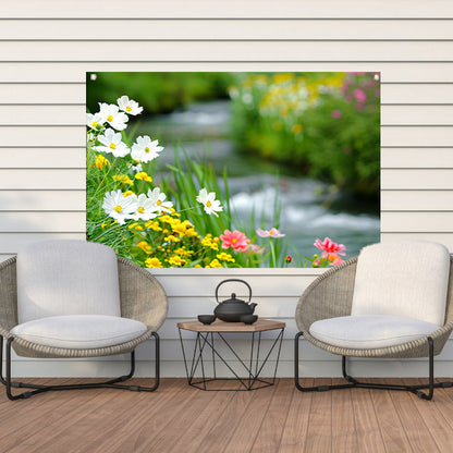 Bloemen langs een rustig beekje tuinposter