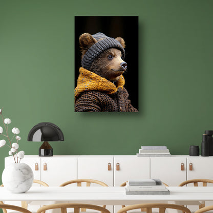 Jonge beer in winterkleding canvas met baklijst