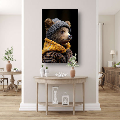 Jonge beer in winterkleding canvas met baklijst