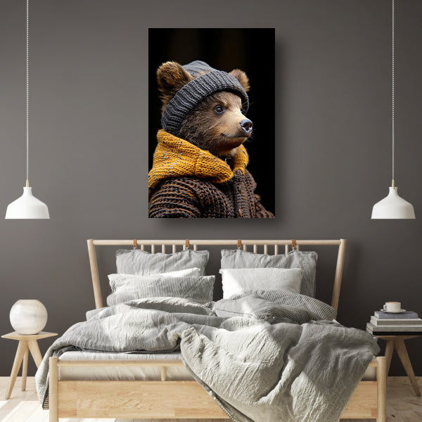 Jonge beer in winterkleding canvas met baklijst