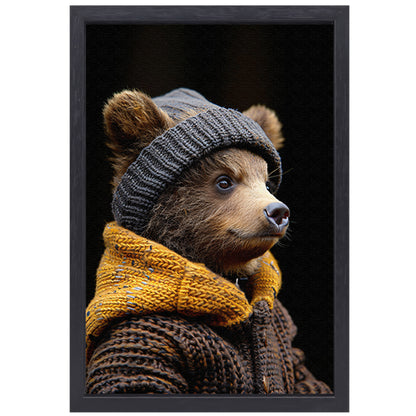 Jonge beer in winterkleding canvas met baklijst