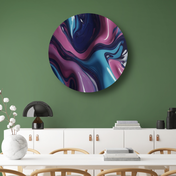 Dynamisch abstract kleurenspel in vloeistof aluminium muurcirkel