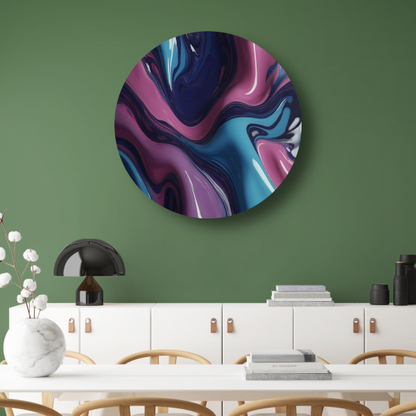 Dynamisch abstract kleurenspel in vloeistof aluminium muurcirkel