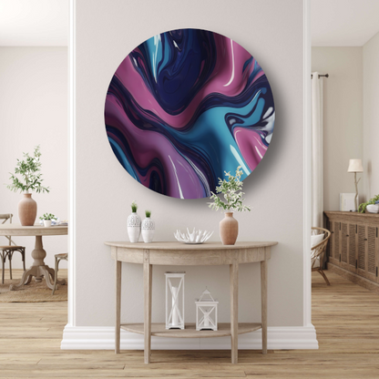 Dynamisch abstract kleurenspel in vloeistof aluminium muurcirkel
