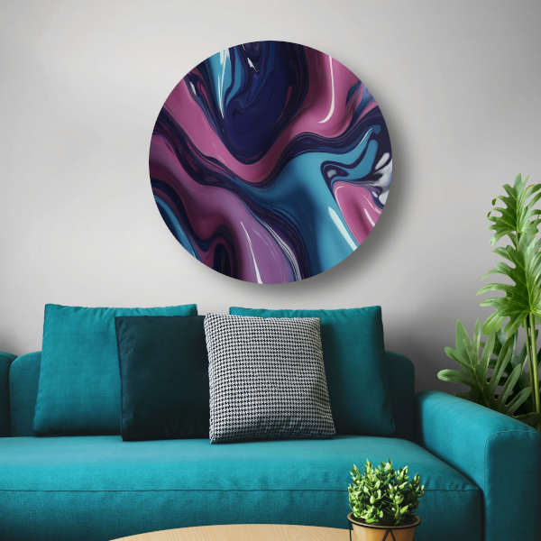 Dynamisch abstract kleurenspel in vloeistof aluminium muurcirkel