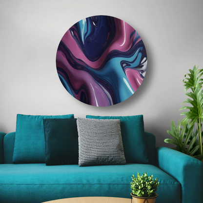 Dynamisch abstract kleurenspel in vloeistof aluminium muurcirkel