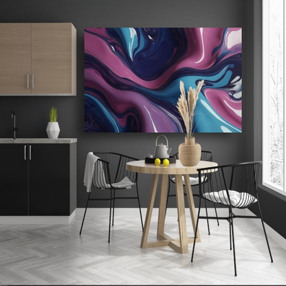 Dynamisch abstract kleurenspel in vloeistof canvas met baklijst