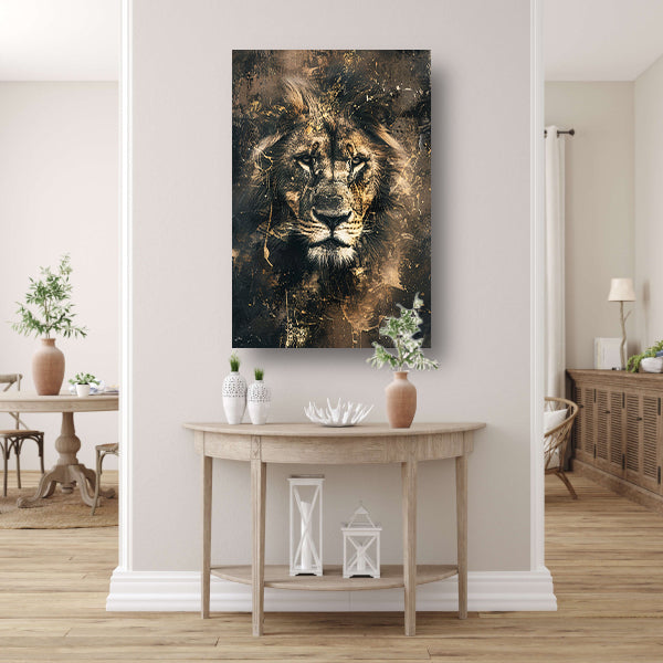 Majestueuze abstracte leeuwenkop met goudaccenten canvas met baklijst