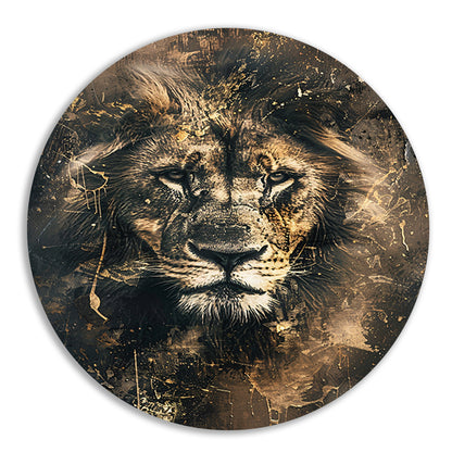 Majestueuze abstracte leeuwenkop met goudaccenten aluminium muurcirkel