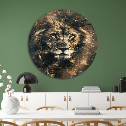 Majestueuze abstracte leeuwenkop met goudaccenten aluminium muurcirkel