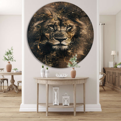 Majestueuze abstracte leeuwenkop met goudaccenten aluminium muurcirkel