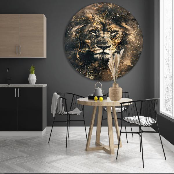 Majestueuze abstracte leeuwenkop met goudaccenten aluminium muurcirkel