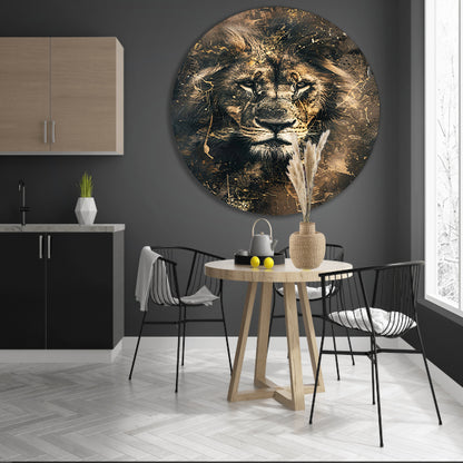 Majestueuze abstracte leeuwenkop met goudaccenten aluminium muurcirkel